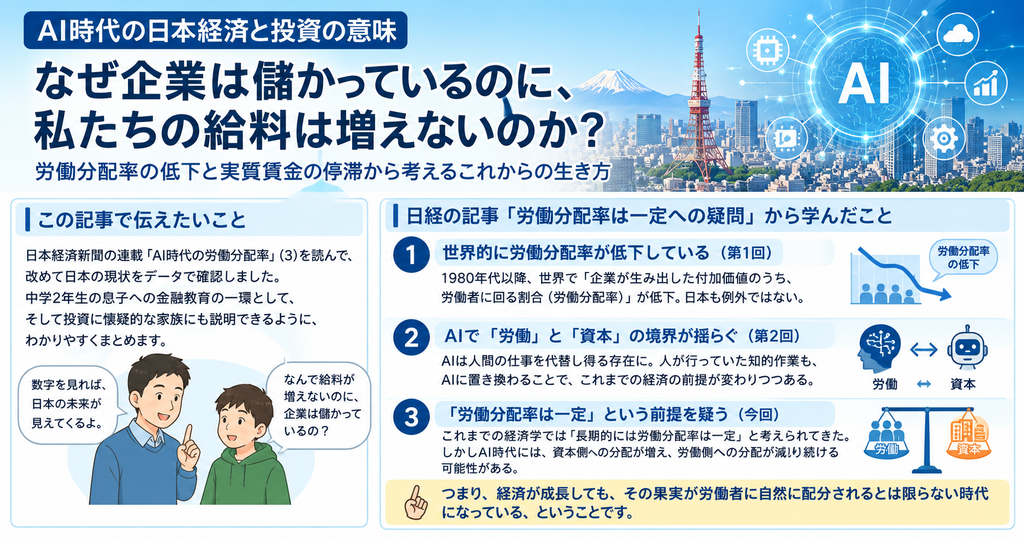 企業はもうかっているのに私たちの給料は増えないのか?を日経新聞記事から考えたこと
労働分配率、労働と資本等から説明する図