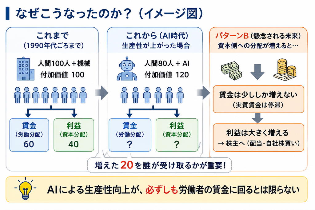AIによる生産性向上が必ずしも労働者の賃金に回るとは限らない理由の説明図