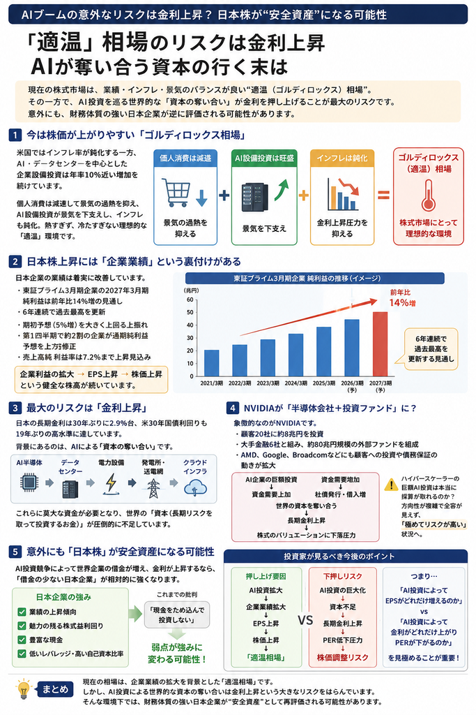 適温相場のリスクは金利上昇
AIが奪い合う資本の行く末は