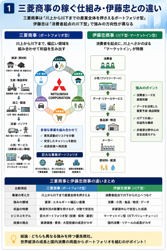 三菱商事の稼ぐ仕組み・伊藤忠との違い説明図