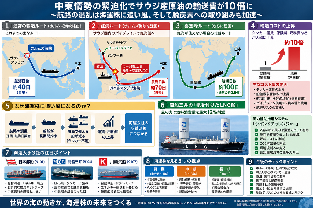 中東情勢による航路迂回と海運株への影響を示した説明図