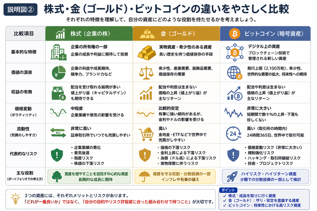 株式・金ゴールド・ビットコインの違いをやさしく比較
