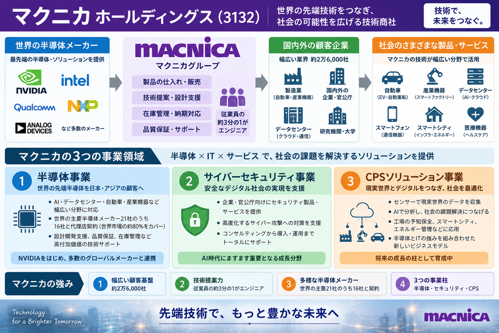 マクニカホールディングス3132 世界の先端技術をつなぎ、社会の可能性を広げる技術商社