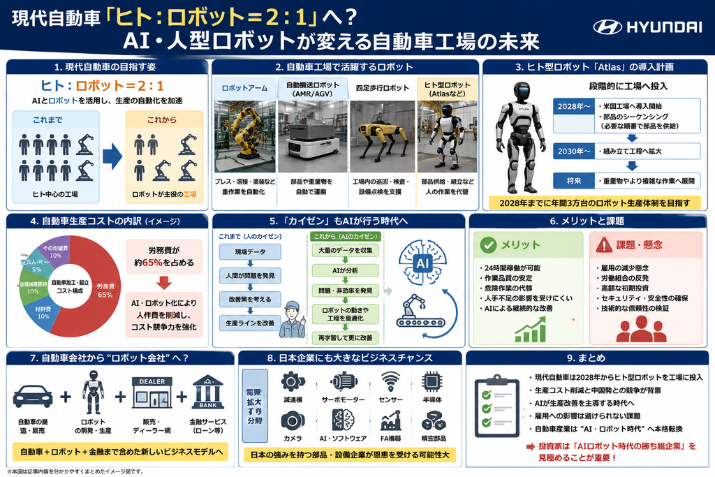 現代自動車ヒト：ロボット＝2:1へ？
AI・人型ロボットが変える自動車工場の未来