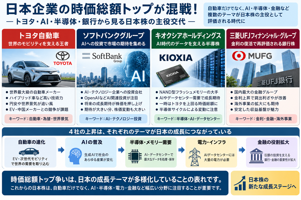 日本企業の時価総額トップが混戦