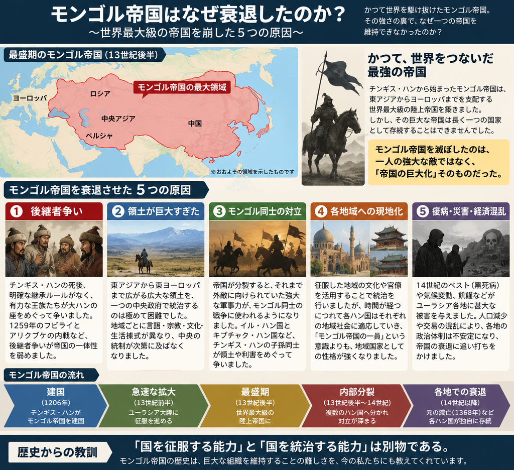 モンゴル帝国はなぜ衰退したのか?
世界最大級の帝国を崩した5つの原因
