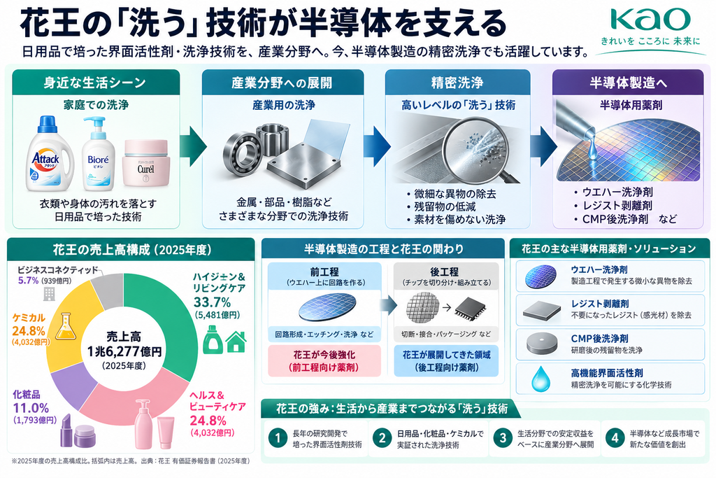 花王の「洗う」技術が日用品から産業用洗浄、半導体製造用薬剤へ展開する流れと売上高構成を解説した図