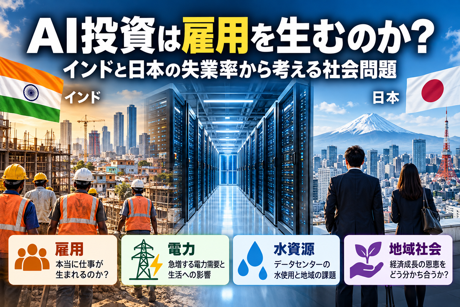 AI投資は雇用を生むのか。インドと日本の街並み、労働者、データセンターを対比し、雇用、電力、水資源、地域社会への影響を表現したアイキャッチ画像。