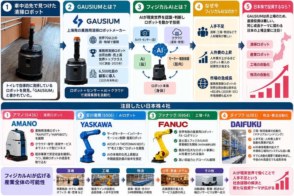 清掃ロボットGausiumからフィジカルAIと日本株4社への広がりを解説した図