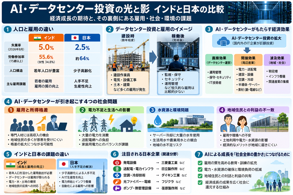 AI・データセンター投資の光と影をインドと日本で比較した説明図。失業率はインド5.0%、日本2.5%。雇用創出、電力不足、水資源、所得格差、地域社会への影響を解説。