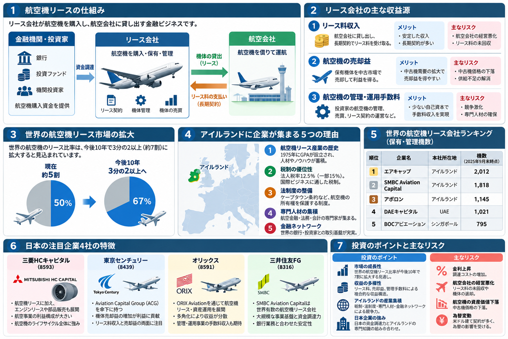 航空機リースの仕組みと収益構造を解説した図。市場拡大の見通し、アイルランドに大手企業が集中する理由、日本の関連株4社の特徴と投資リスクを比較。