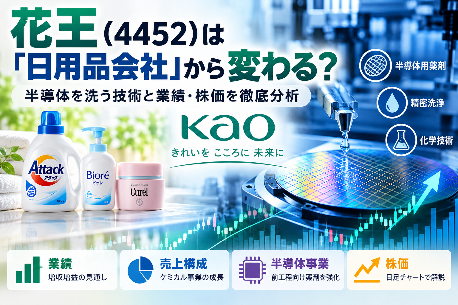 花王（4452）の半導体用薬剤と業績・株価を分析する記事のアイキャッチ画像