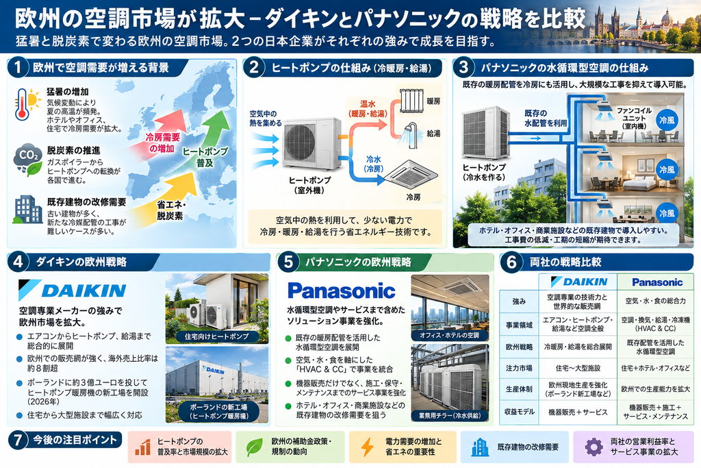 欧州の空調市場でダイキンとパナソニックのヒートポンプ・水循環型空調戦略を比較した図