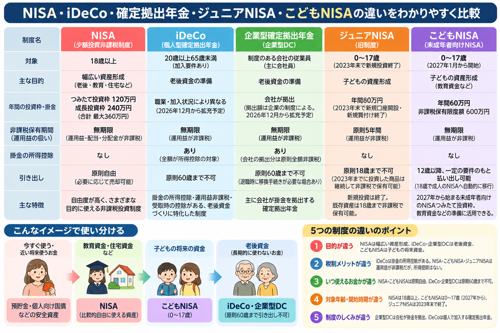 NISA・iDeCO・確定拠出型年金・ジュニアNISA・こどもNISAの違いをわかりやすく比較